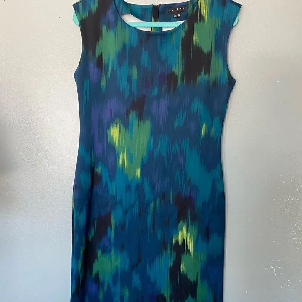 Tribal abstract print stretch scoop neck shift dress sleeveless size M